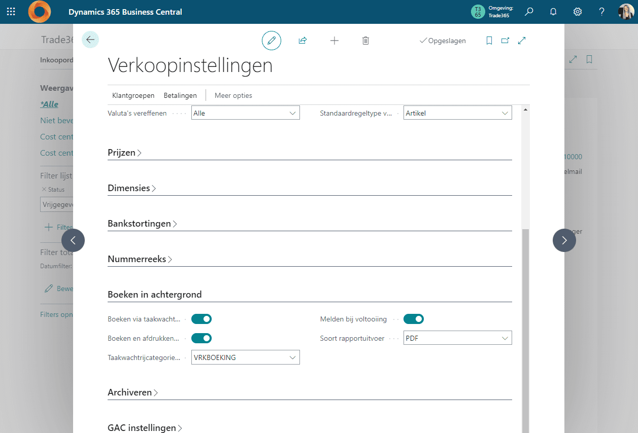 Boeken in achtergrond in Business Central
