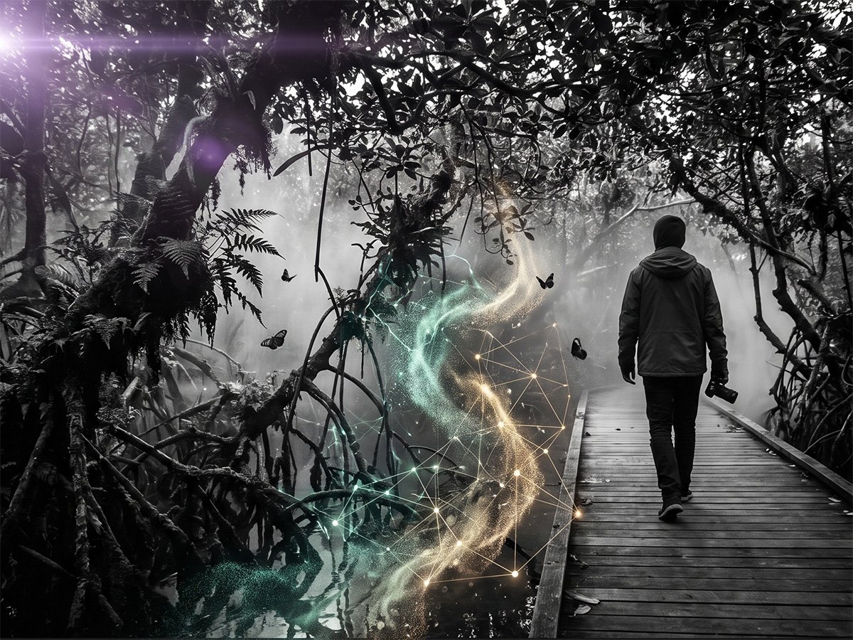 Een ontdekkingsreiziger op een houten pad door een tropisch bos met digitale lichtpatronen.