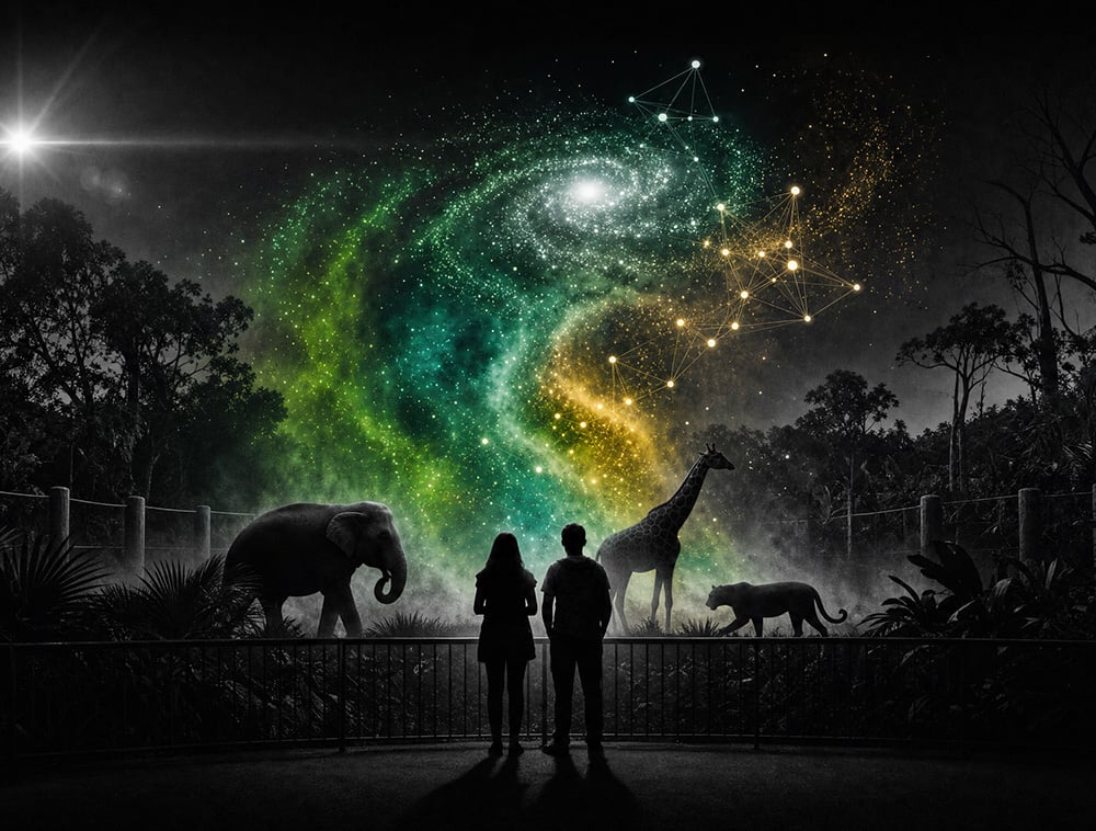 Bezoekers kijken uit over een dierentuin met lichtpatronen en digitale verbindingen.